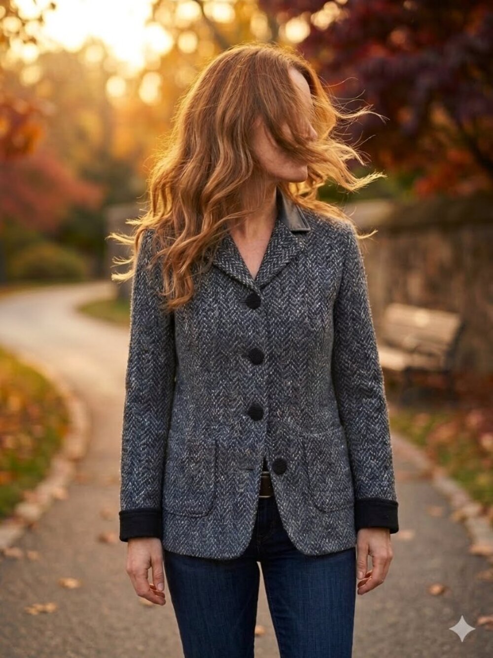 Vintage Sandro Sport Herringbone Tweed Jacket with Corduroy Trim – Women’s Large
